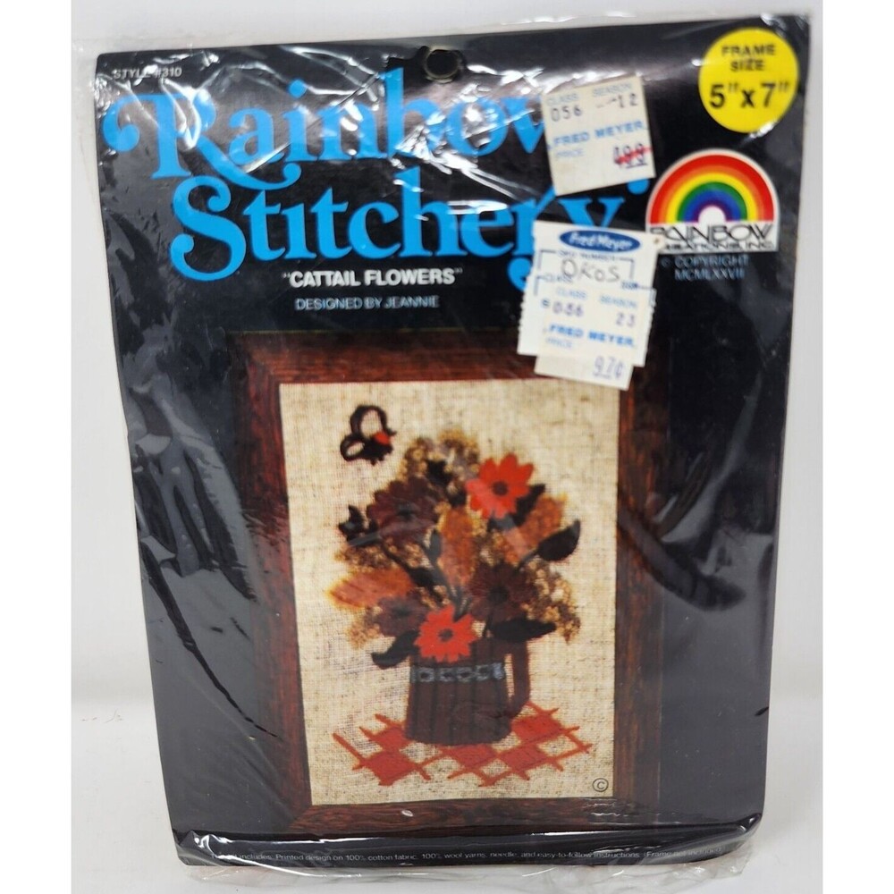 Rainbow Stitchery Crewel Embroidery Wool Kit Cattail Flowers 5"x7" 1977